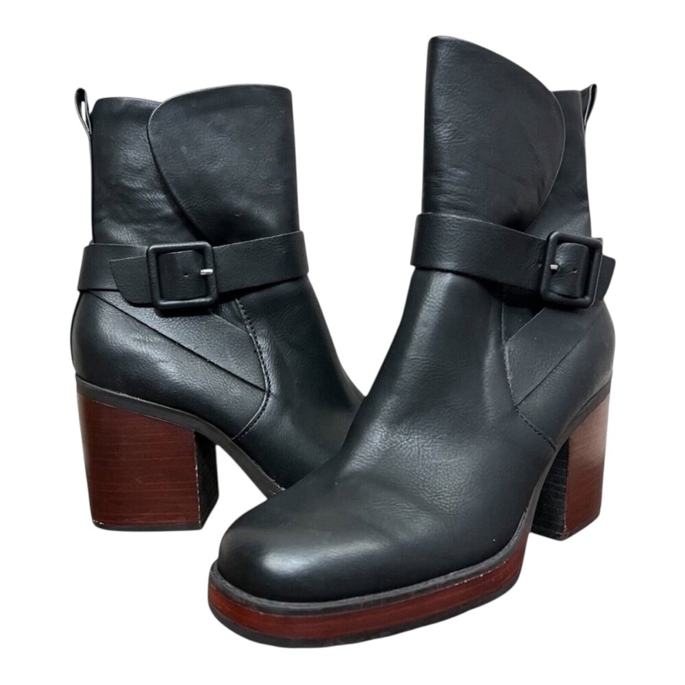 Kork-Ease Black Leather Heeled Ankle Boots with Brown Wood Block Heel
